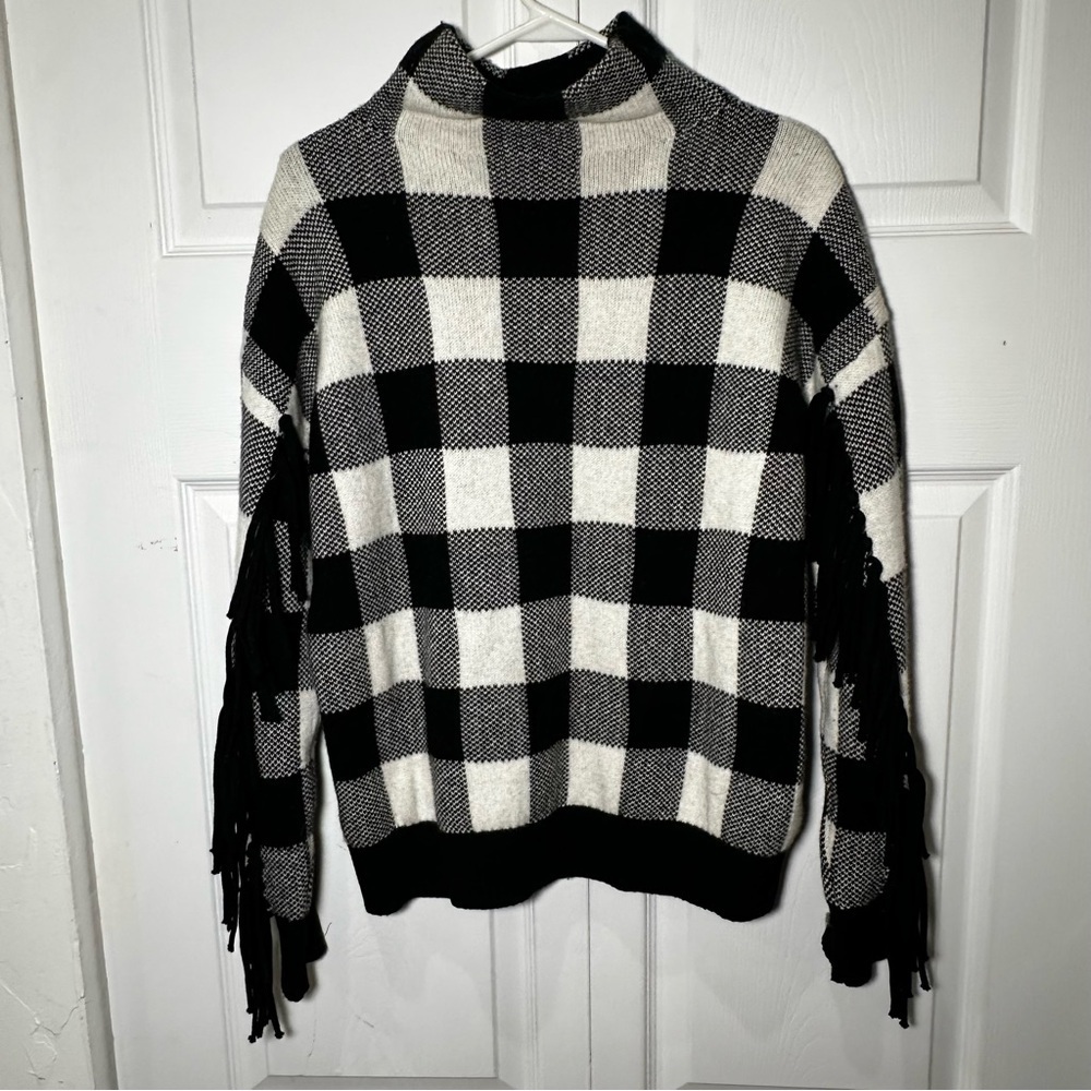 Lauren Ralph Lauren Buffalo Plaid Fringe Sweater Wool Blend Mock Neck Size M